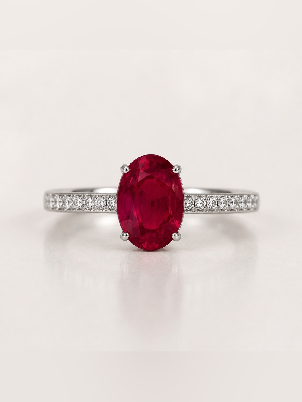 Sterling Silver Oval Ruby nano Solitaire Ring with Diamond Pavé Band - size 7